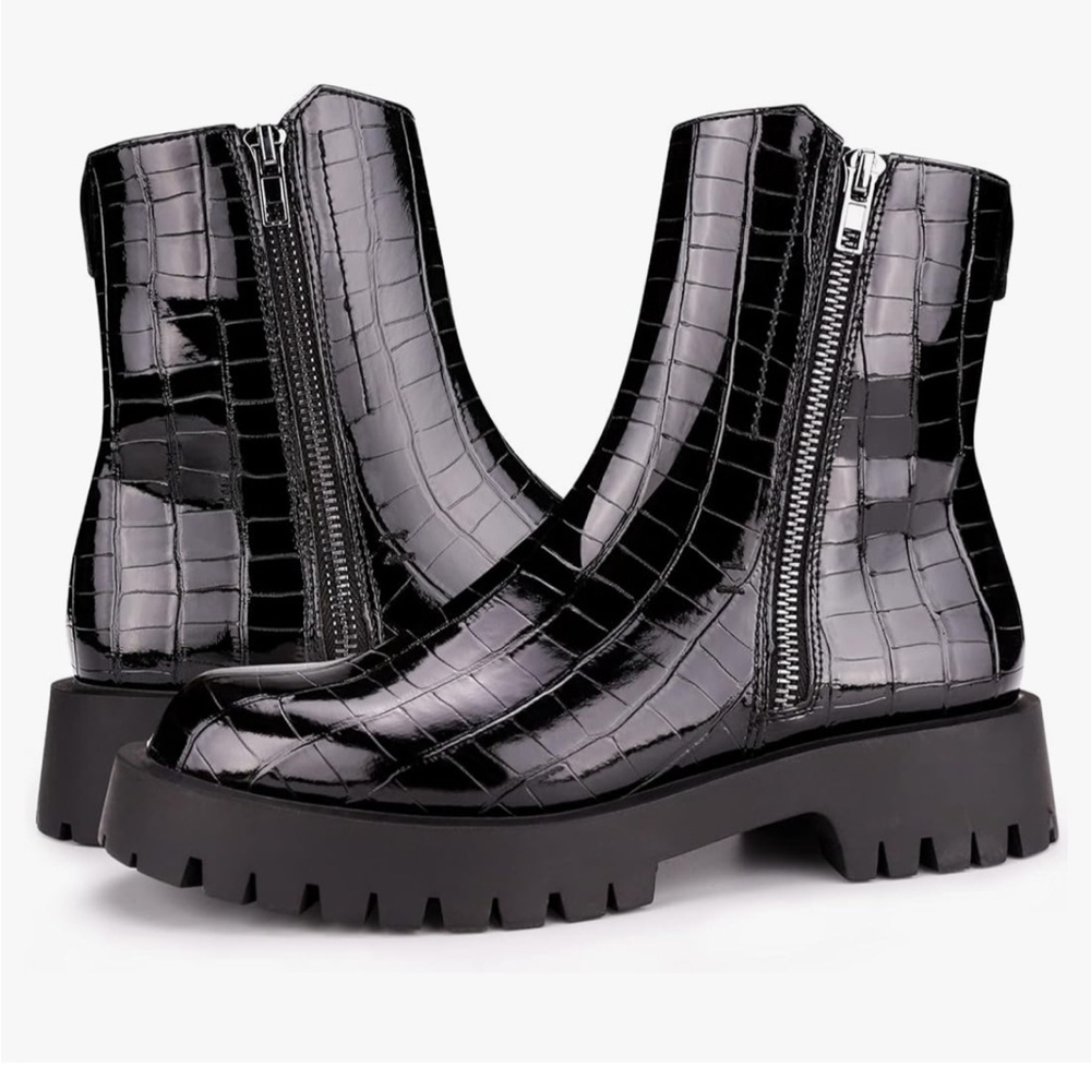 Women's Crocodile Ankle boots Platform Patent Leather Chunky Heal Combat